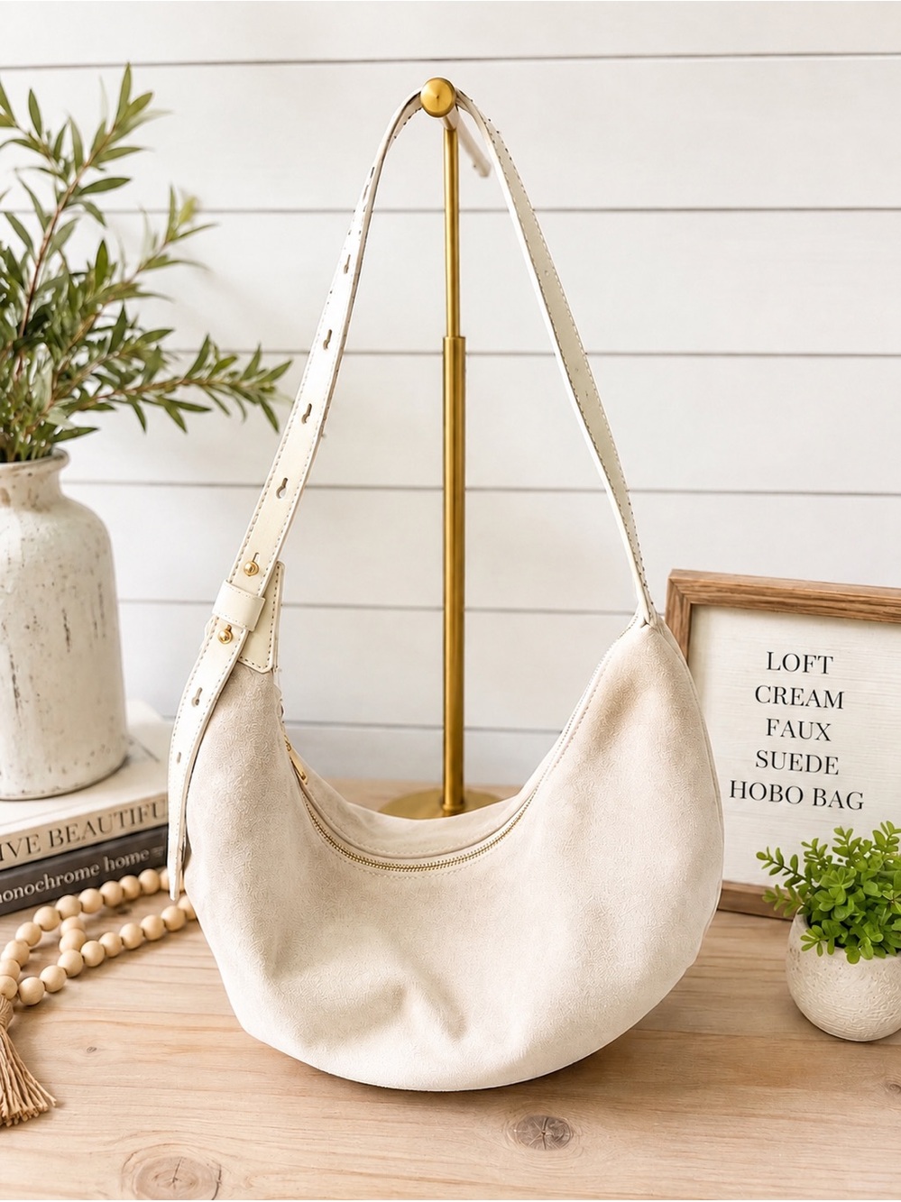 ✨ LOFT Cream Faux Suede Crescent Hobo Shoulder Bag | Minimalist Slouchy Purse